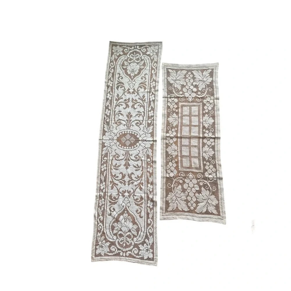 Vintage White Lace Tablecloth and Table Runner Set Floral Filet Crochet 3 Piece